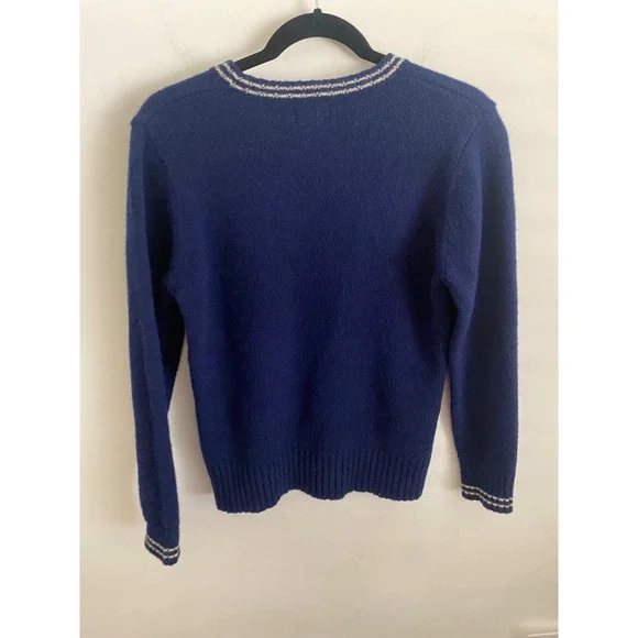 Vintage Abercrombie & Fitch 100% Shetland Wool Navy Blue Logo Sweater Large - Picture 4 of 5